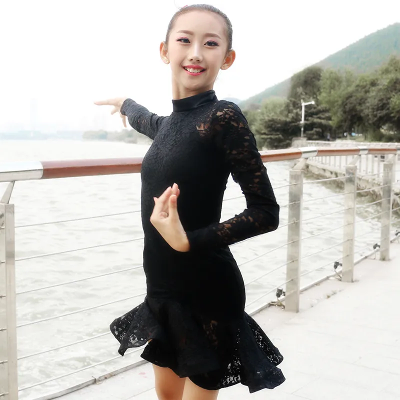 Black Lace Girls Latin Dance Dress for Skirt long Sleeves sslsa Ballroom Samba Dancing Dresses Kids Mini | Тематическая одежда и
