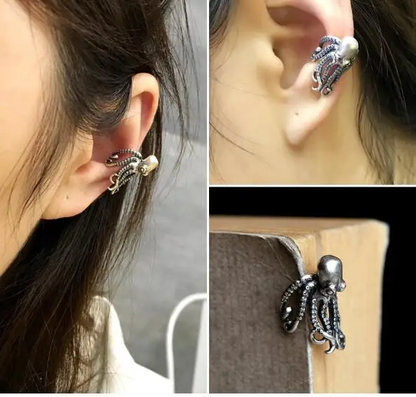 Серьги Клипсы из 100% серебра 925 пробы в стиле панк сережки клипсы виде осьминога