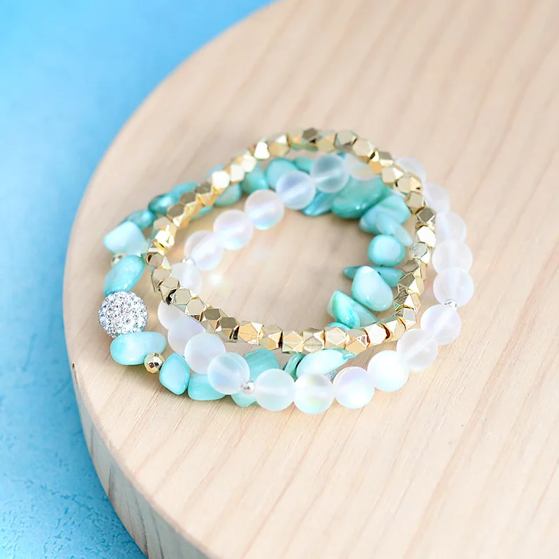 BOJIU 3 Pcs/Set Multilayer Women Bracelets Natural Irregular Stretch Shell Gold-color Copper Labradorite Bracelet Lady BCSET242 | Украшения