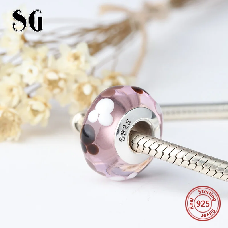 SG сверкающие бусины из муранского стекла, Стерлинговое Серебро, 925 diy, подвески, подходят для аутентичных браслетов pandora и ожерелья, подарок для изготовления ювелирных изделий