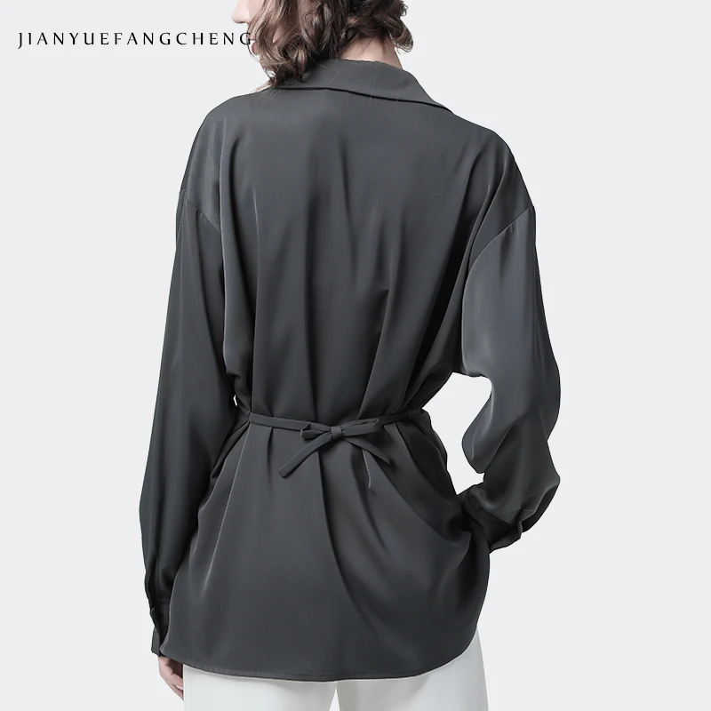 

Women Gray Maxi Blouses With Belt Lace Up Loose Soft Woven Blouse V Neck Long Sleeve 2019 Early Autumn Elegant Office Blusas
