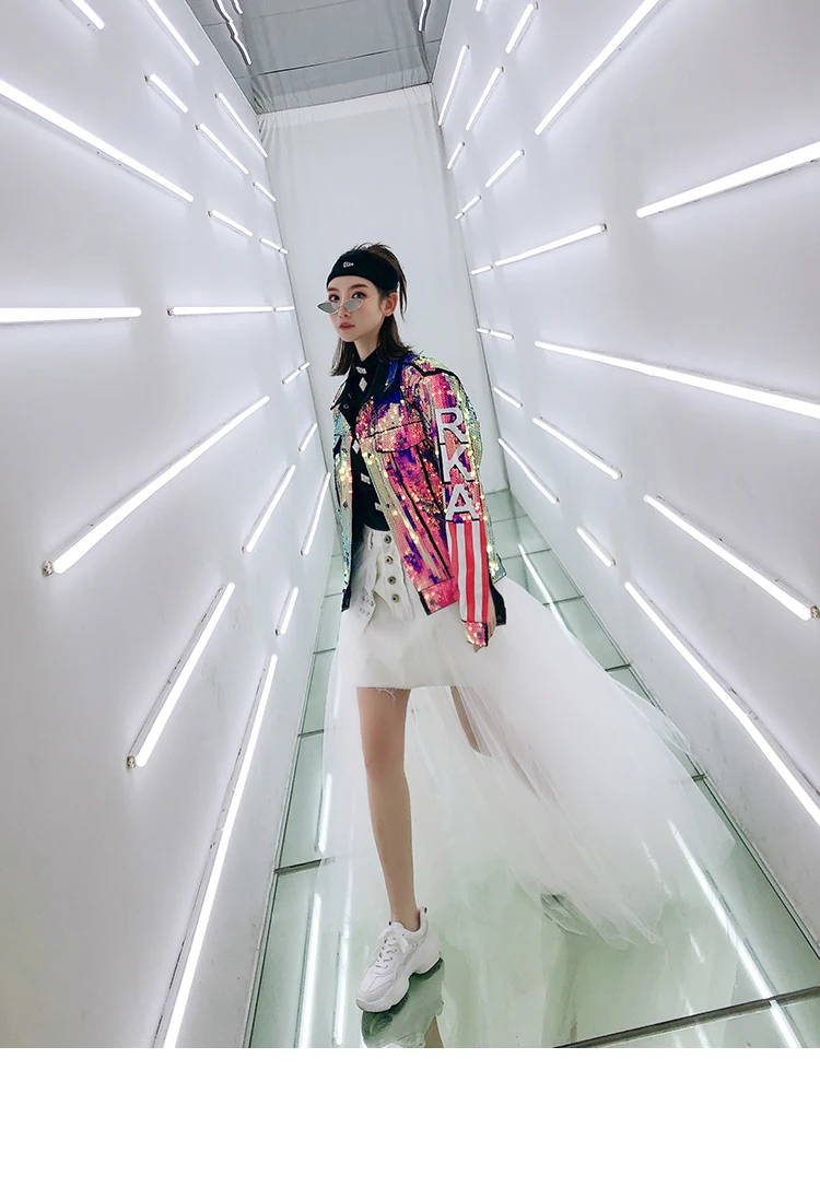 7Mang Весенняя женская уличная куртка Harajuku флаг с надписью куртка с блестками свободные вечерние пальто с длинным рукавом Верхняя одежда в стиле хип-хоп 0226
