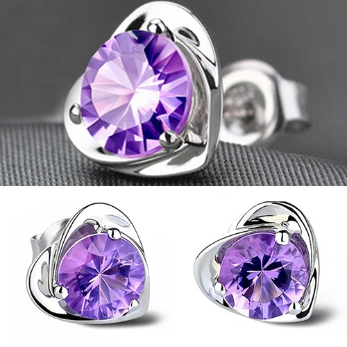 Горячая Любовь Сердце Фиолетовый Стразы посеребренные серьги-гвоздики женские
