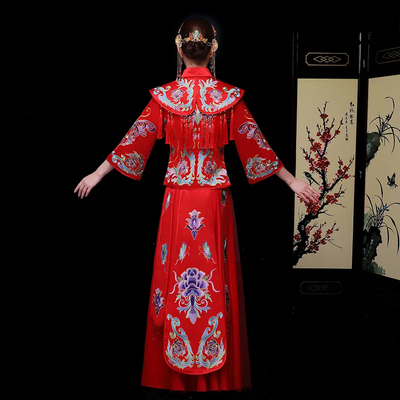 Oriental Bride Red Chinese traditional Wedding Gown Dress Women's Embroider Element Long Cheongsam | Тематическая одежда и