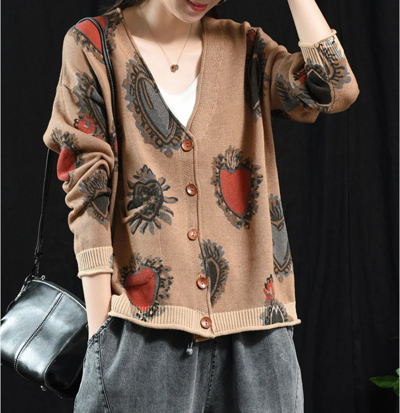 Autumn Winter Sweater Women Retro Loose Knitting jackets 2019 New Female Tops V-Neck Button Print Casual Coat |