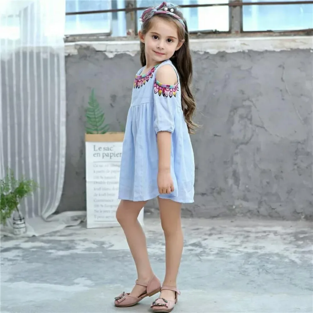 Летние дети девочки Красивое платье А-силуэта Этническая Стиль пачка открытыми плечами платья принцессы для девочек бедра-Длина Детский комплект для От 3 до 10 лет