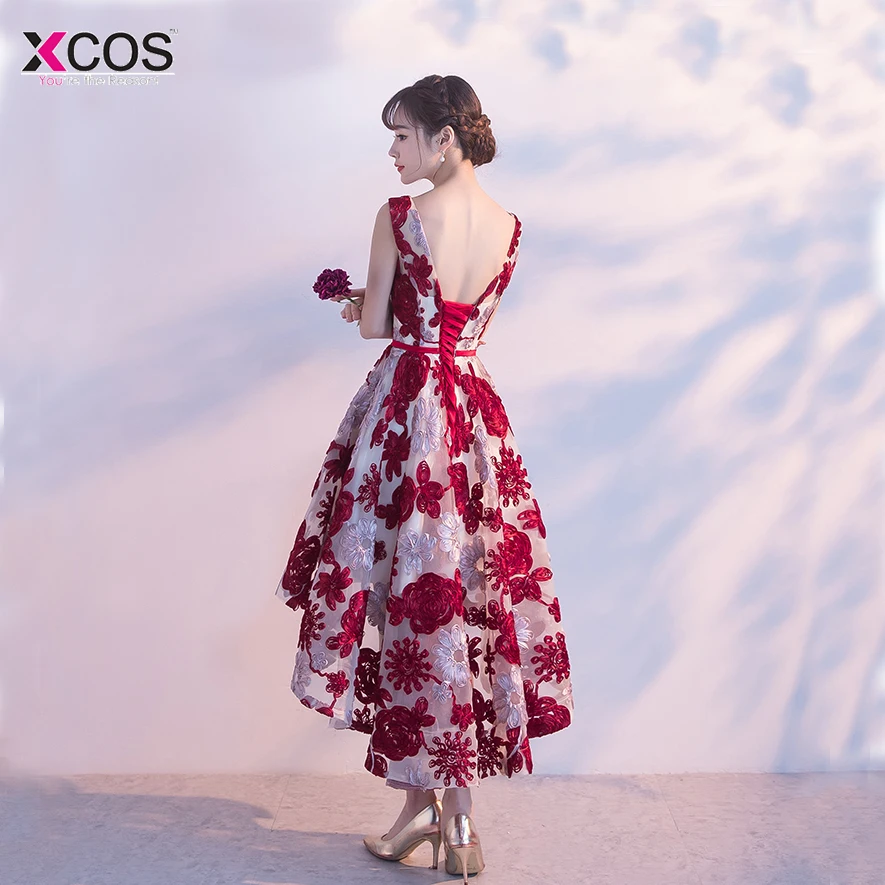 2018 коктейльных платьев бордового цвета с цветочным принтом Высокая Низкая