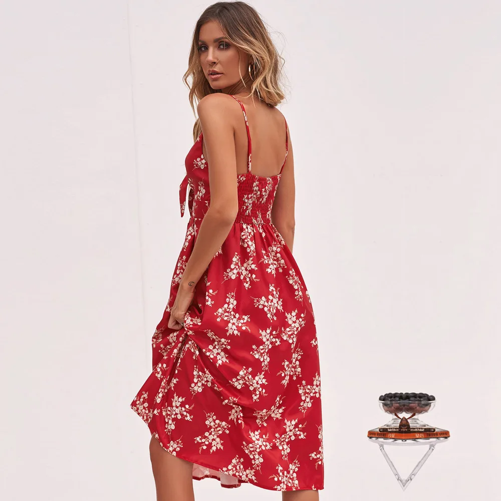 Summer Dress 2018 Women Sexy Deep V-Neck Red Flower Print Dresses Hem Folds Bohemian Style Bow Backless Beach |