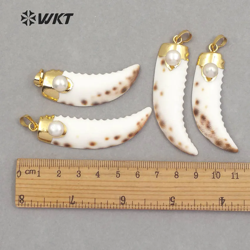 WT-JP072 Natural Sea Shell With Baroque Pearl Charm Gold Trim In Big Knife Shape Random Size Pendant For Women Fashion Jewel images - 6