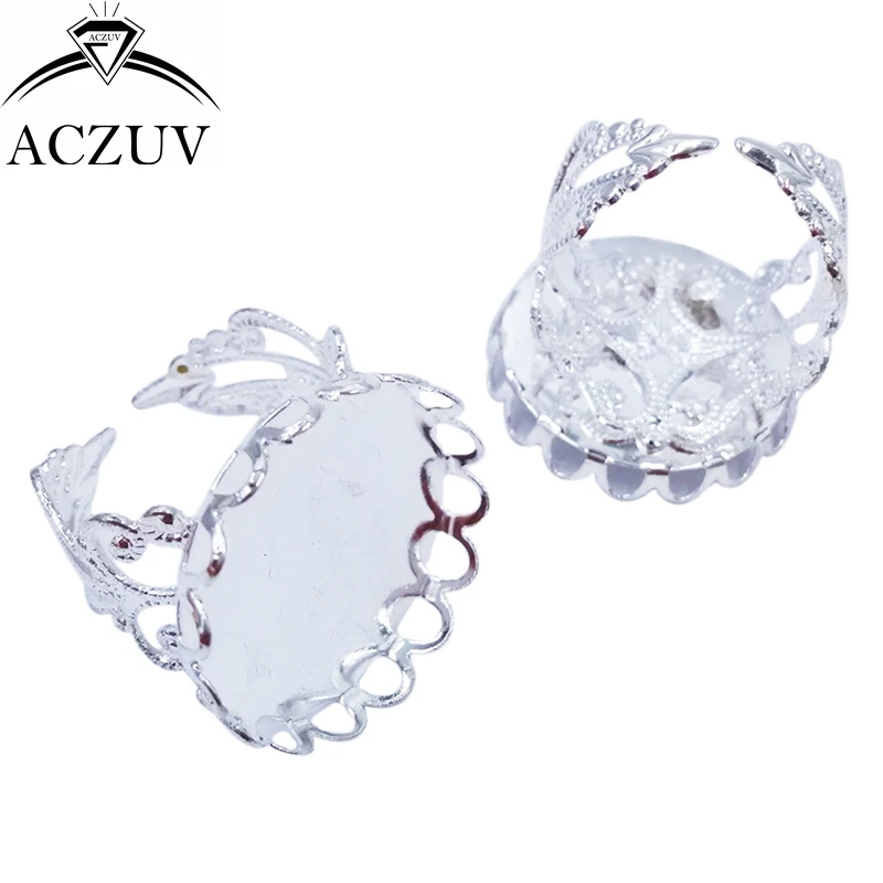 100pcs Silver Plated 20mm Round Lace Bezel Setting Filigree Adjustable Ring Blank Ring Base Tray Cameo Cabochons TJZT048