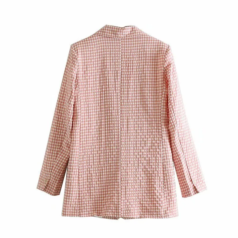 Женский розовый клетчатый Длинный блейзер на одной пуговице Длинные шаровары с