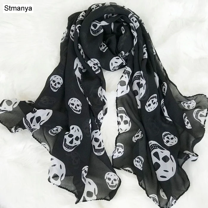 Skull Black Женский шифоновый шарф 150*45 см тонкие стильные шарфы с принтом кошки звезды леопарда шали и шарфы лучший подарок на вечеринку 22009 - Цвет: Skull Black