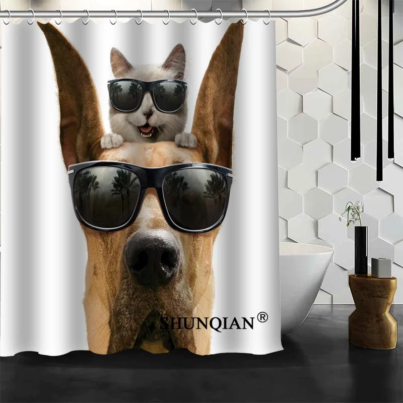 

Hot Sale Bathroom Curtains dog and cat Shower Curtain Custom Waterproof Polyester Fabric Curtain For Bathroom