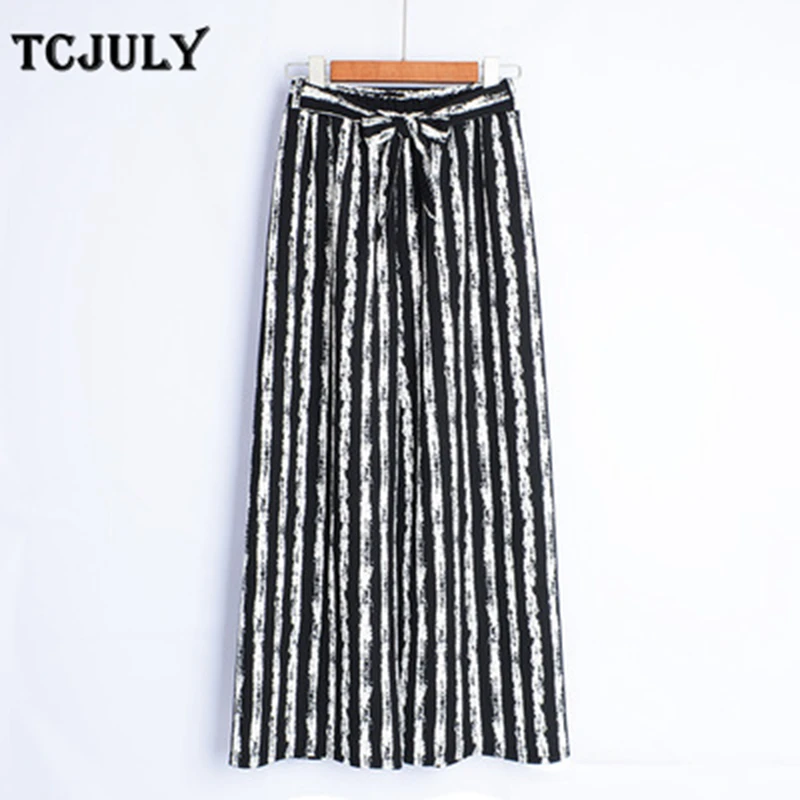 Женские свободные брюки TCJULY в богемном стиле полоску с широкими штанинами бантом