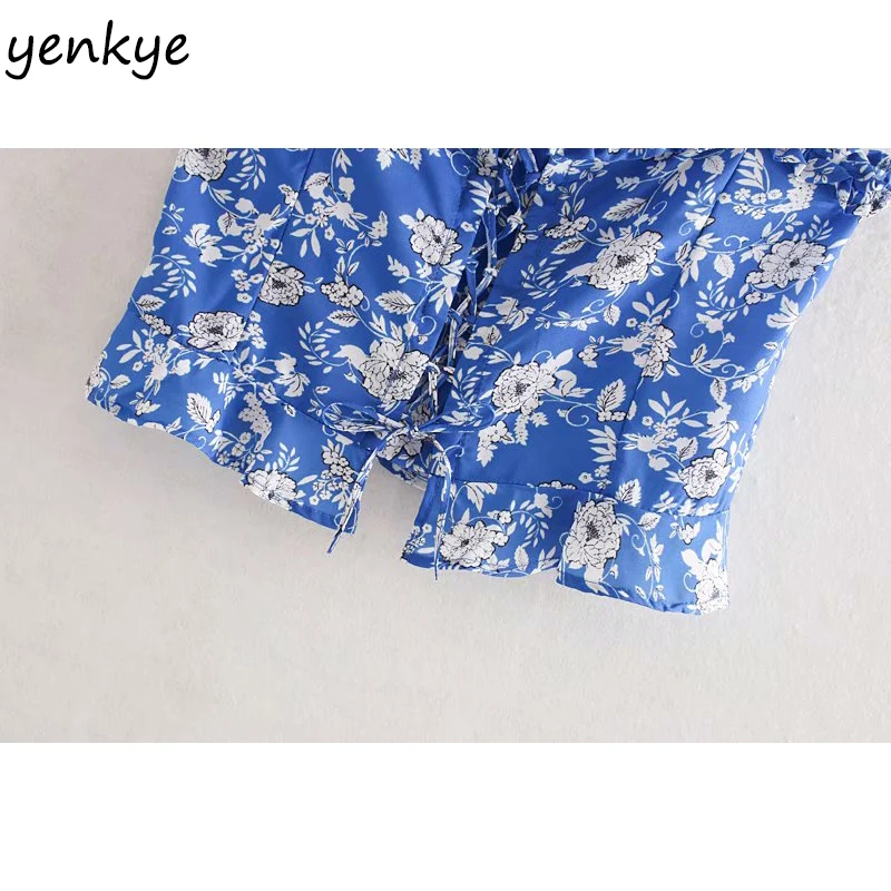 Modis 2019 женский синий цветочный принт укороченный Топ Леди спереди регулируемый