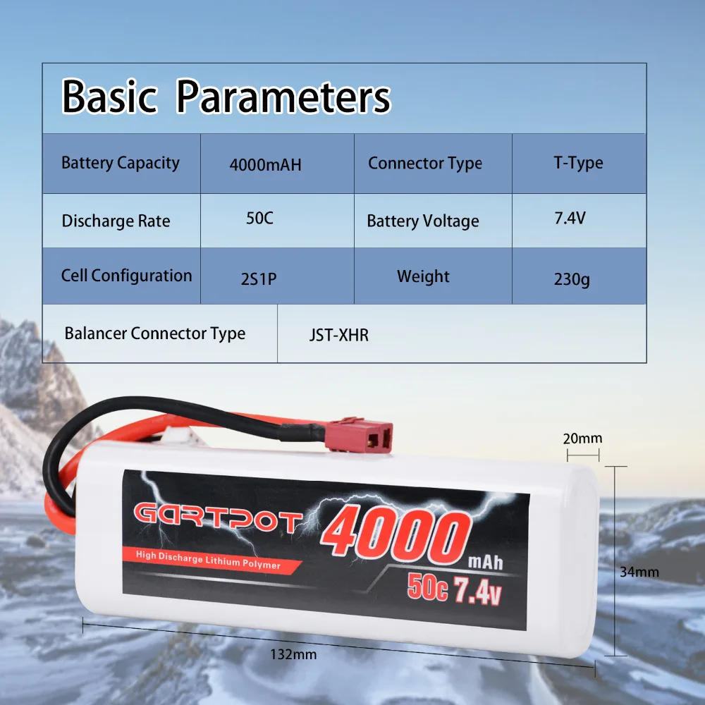 2 шт. аккумулятор GARTPOT Lipo 4000 мАч 7 4 В автомобильная батарея RC 2S 50C с разъемом Deans для