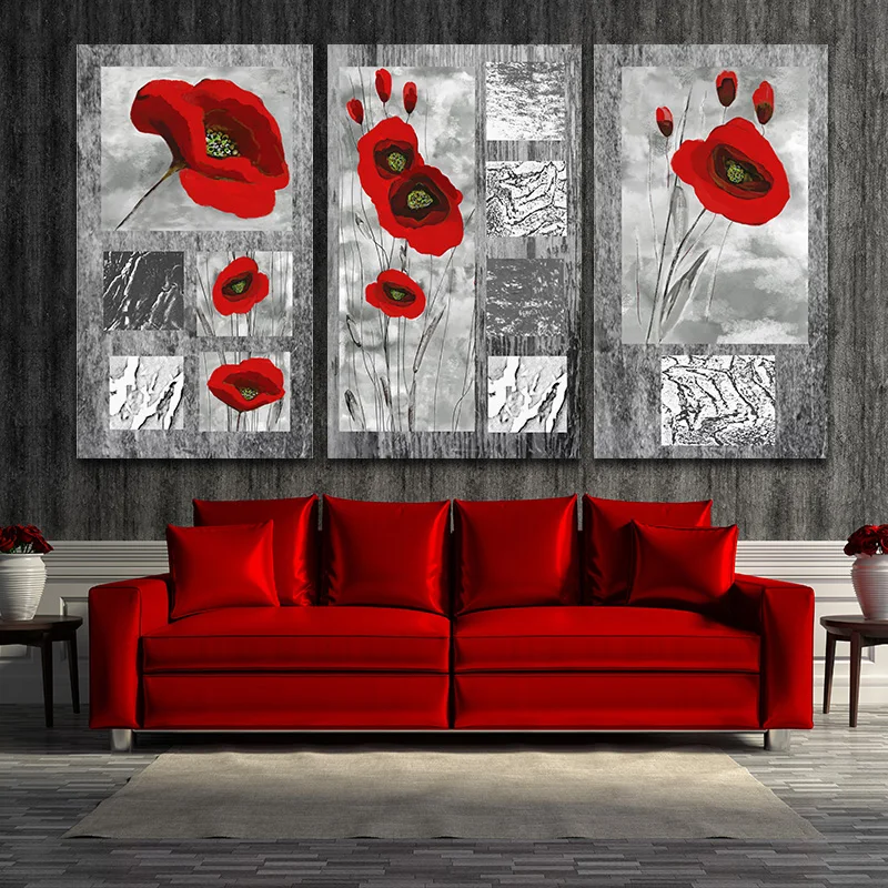 3 панели стены искусства холст живопись красный цветок Поппи Современная печать