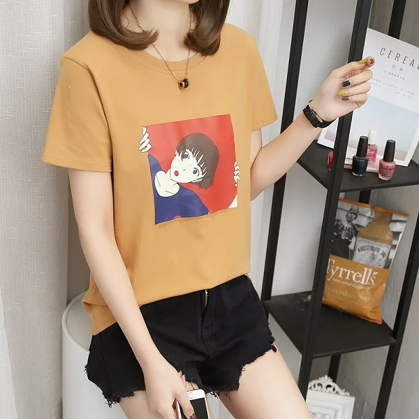2005 Khaki T-Shirt Весна-лето, новые футболки для женщин, студенток, девушек, с принтом, короткий рукав, Круглый ворот, женские топы, милые, облегающие, мягкие, женские футболки - Цвет: 2005 Khaki T-Shirt