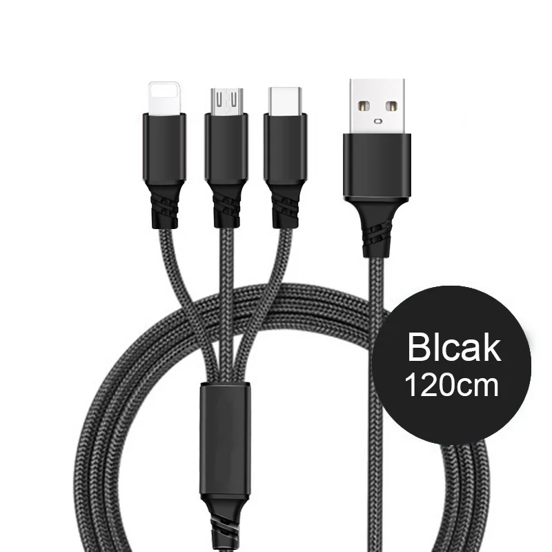 2/3 в 1 кабель зарядного устройства для iPhone 6 S 6 S 5 SE 7 8 Plus X XR XS Max Micro usb type C Android для huawei Xiaomi 3в1 3A провод шнур - Цвет: Black 3in1 1.2M
