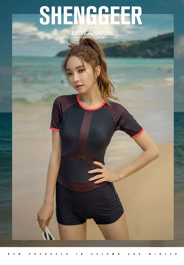 Mesh Patchwork Rash Guard Women Solid Swimwear Short Sleeve Swimsuit Shorts Surfing Suit Black Bathing Suit Korea Diving Clothes