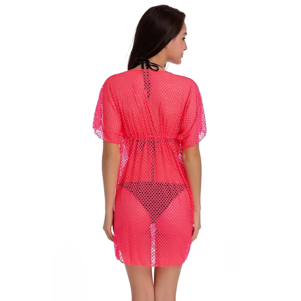 

2019 Women Summer Beach Mini Dress Elegant Short Sleeve V Neck Lace Net Crochet Hollow Out Solid Mesh Beach Dress Vestidos