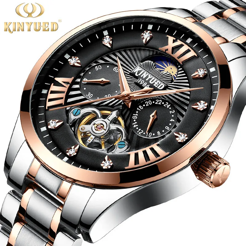 steel Black Gold KINYUED Для мужчин часы механические Tourbillon Роскошные модные брендовые Мужские Спорт Tourbillon часы Для мужчин s автоматические часы Relogio Masculino - Цвет: steel Black Gold