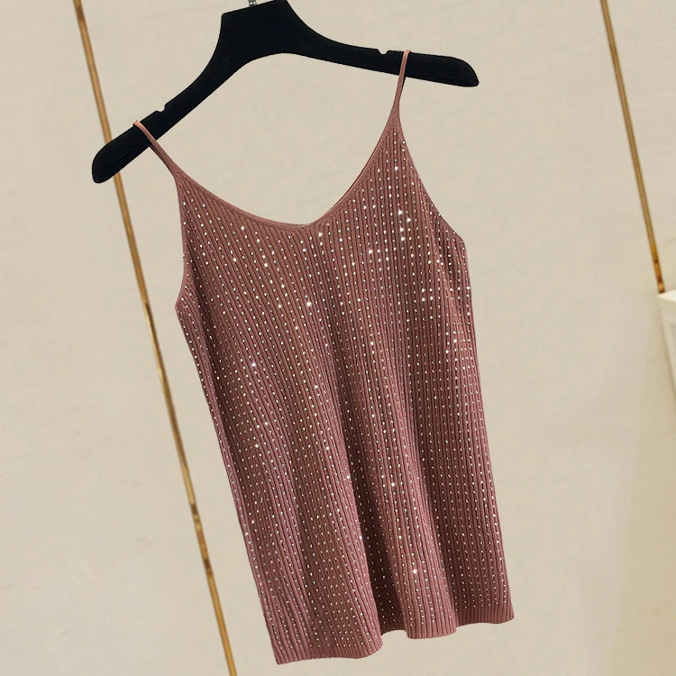 Summer wear sweater, sleeveless sexy base v neck ice silk hot drilling camisole