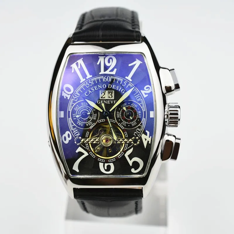 Серебристый CASENO Tourbillon автоматические механические мужские часы с хронографом и кожаным скелетом, роскошные Брендовые спортивные деловые часы - Цвет: Серебристый