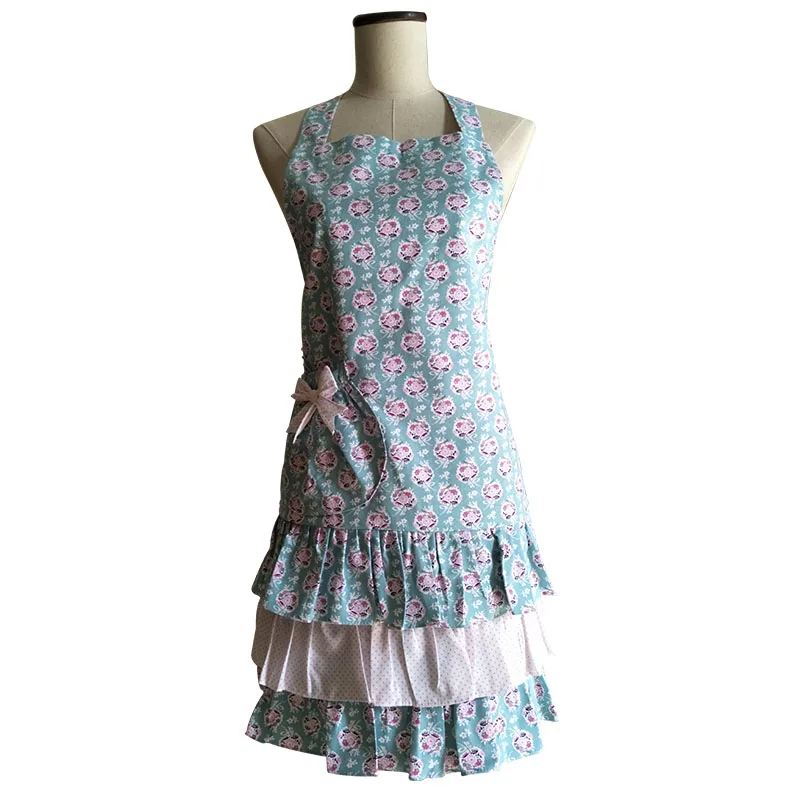 

Blue Floral Retro Kitchen Apron Women Ruffled Cotton Cooking Avental de Cozinha Divertido Tablier Cuisine Pinafore Apron