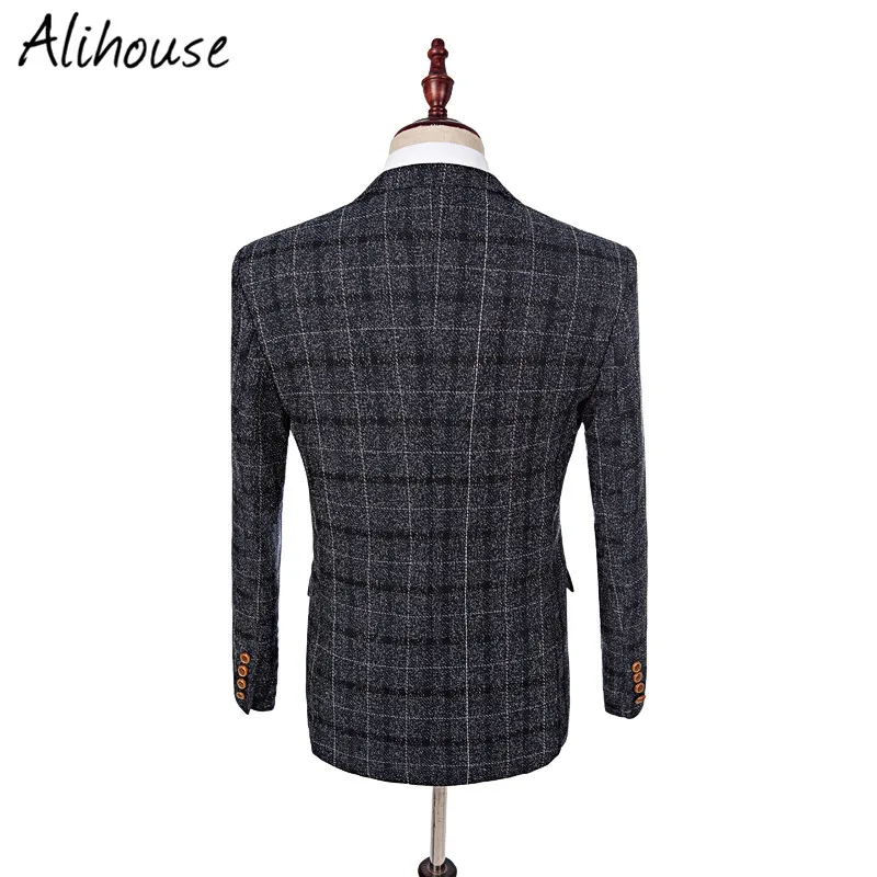 Черный Твид жениха Смокинги для женихов Для мужчин заказ плед Нарядные Костюмы