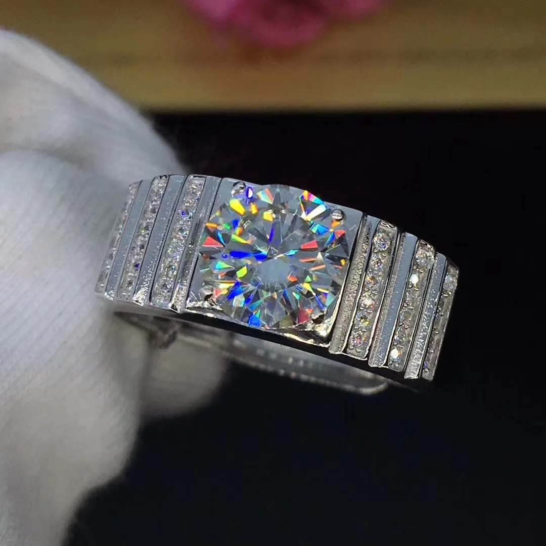 Круглое серебряное кольцо из муассанита 2ct 8,00 мм D VVS роскошное кольцо из муассанита Weding для мужчин