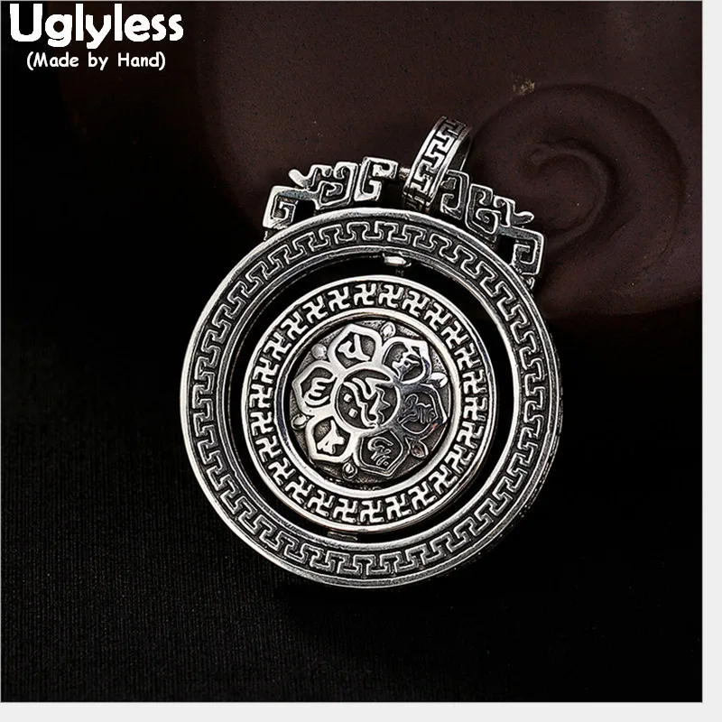 

Uglyless 100% Real Solid 925 Silver Thai Silver Buddhism Mantra Pendants Necklaces No Chain Spinning Pendant Unisex Fine Jewelry