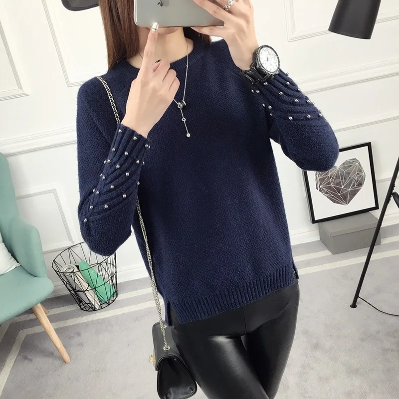 2019 New Winter Sweater Women Beading Long Sleeve Knitting Casual Autumn Elegant Split Pullover | Женская одежда