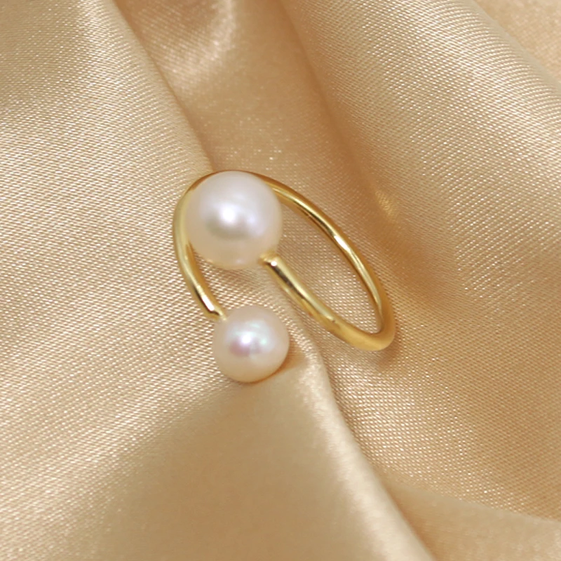 Double Interlaced Pearls Ring Golden Simple Real Freshwater Pearl Wedding For Women Jewelry Gift | Украшения и аксессуары