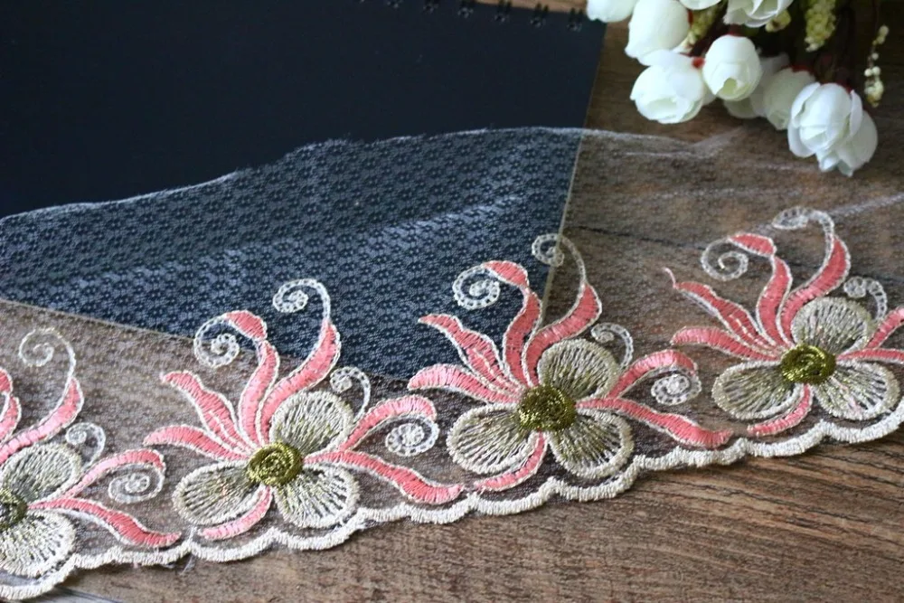 

5yards/lot Width 8cm white background one side light pink flowers Lace Trim for DIY Garment Accessories LS-2486