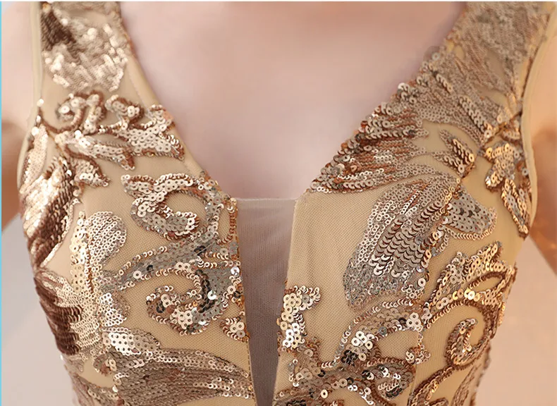 Женское вечернее платье с блестками длинное золотистое V образным вырезом