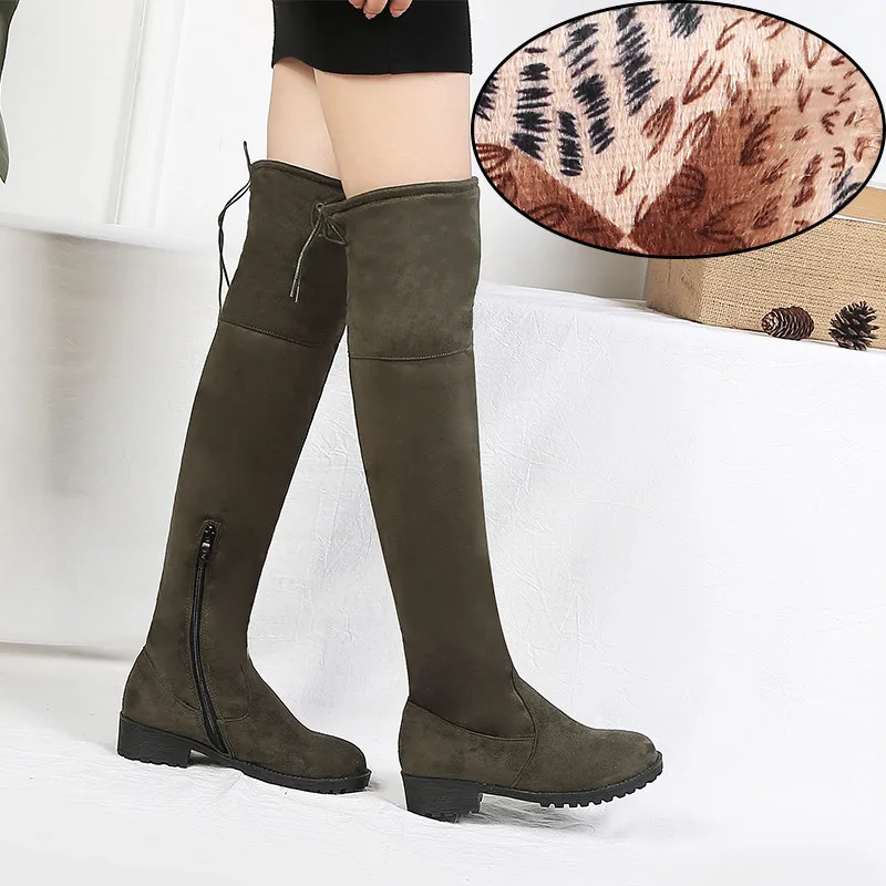 ArmyGreen thin plush Odetina/пикантные Женские Сапоги выше колена из искусственной замши высокие сапоги до бедра на шнуровке на низком массивном каблуке зимняя теплая обувь, большой размер 43 - Цвет: ArmyGreen thin plush