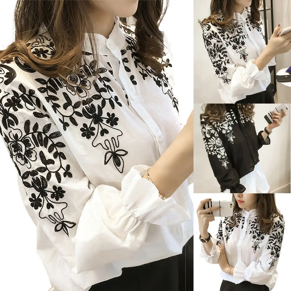 Роскошная женская блузка с длинным рукавом и вышитым цветочным принтом