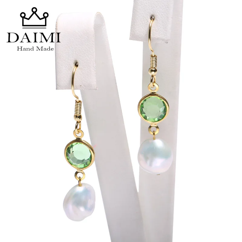 Серьги DAIMI с зеленым Перидотом и жемчугом Кеши, висячие серьги с кристаллами, 925 серебряные серьги с крючками, стильные ювелирные изделия для девочек