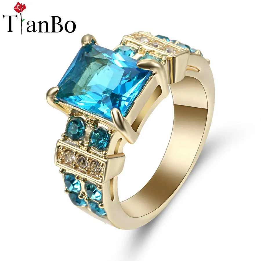 TianBo New Sky-blue / Clear Crystal Design Geometric White Black /Gold Colour Jewlery Male Female Vintage Wedding Ring Size 9 | Украшения и
