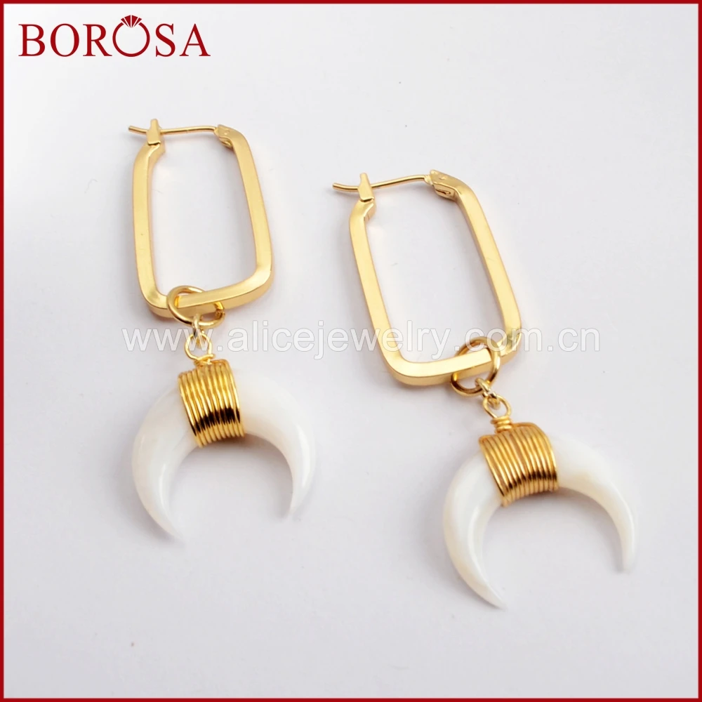 

BOROSA 5pairs Gold Color Horn White Shell Rectangle Drop Earring Jewelry Natural Shell Charm Earrings for Women G1591