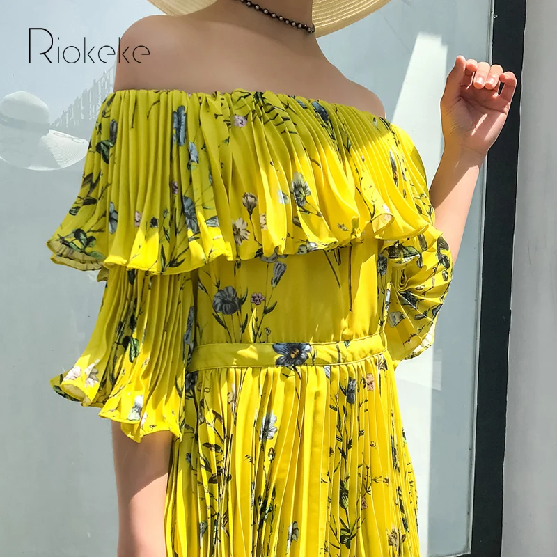 Riokeke цветочный принт женское желтое платье Лето 2018 Плиссированное с вырезом