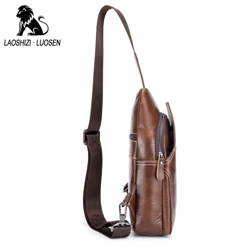 LAOSHIZI LUOSEN New Genuine Leather Men Shoulder Crossbody Bags Vintage Casual Chest Male Travel Single Strap Pack | Багаж и сумки