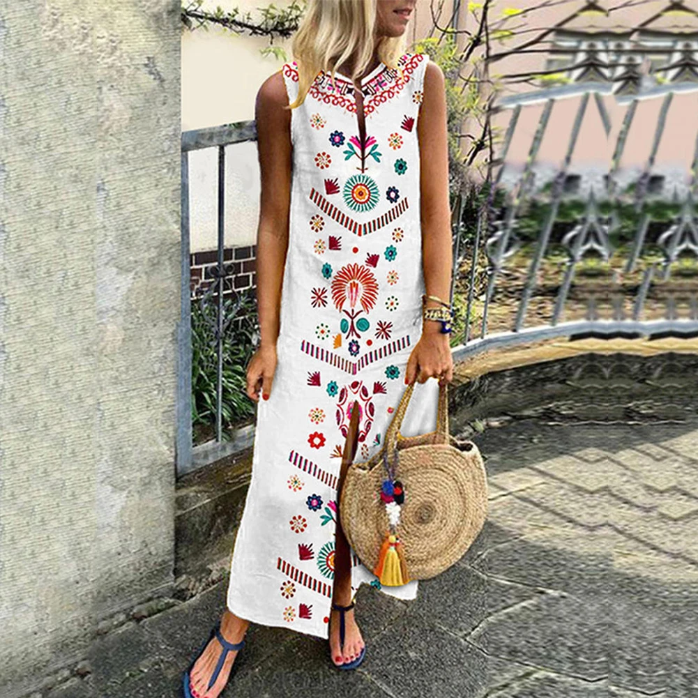 2019 Women Fashion Retro Boho Plus Size Summer Party Beach Clothing Floral Print Lady Split Sleeveless Kaftan Long Maxi Dress | Женская