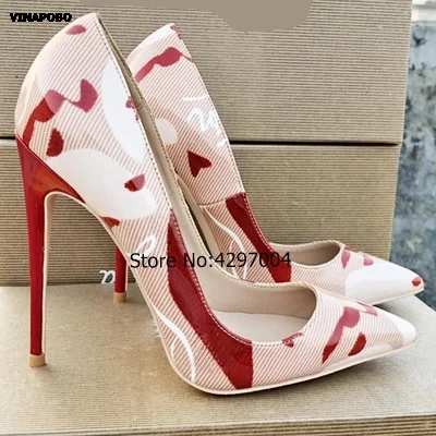 

2018 New fashion bridal wedding shoes flower red print slip on pumps pointed toe Stiletto high heels party dress shoes woman