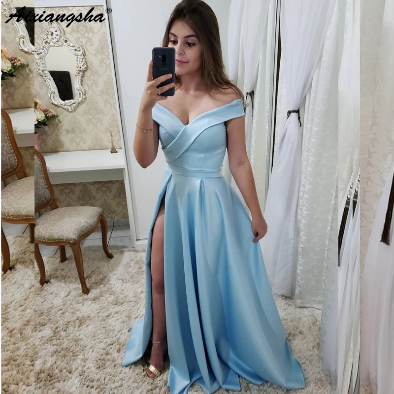 

Sexy Evening Dresses V-neck Floor Length Satin Zipper Back Side Slit Off Shouler Satin Formal Evening Dress robe de soiree