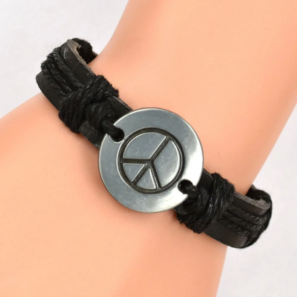 wholesale 6PCS retro peace sign alloy metal leather bracelet CL1029 free shipping | Украшения и аксессуары
