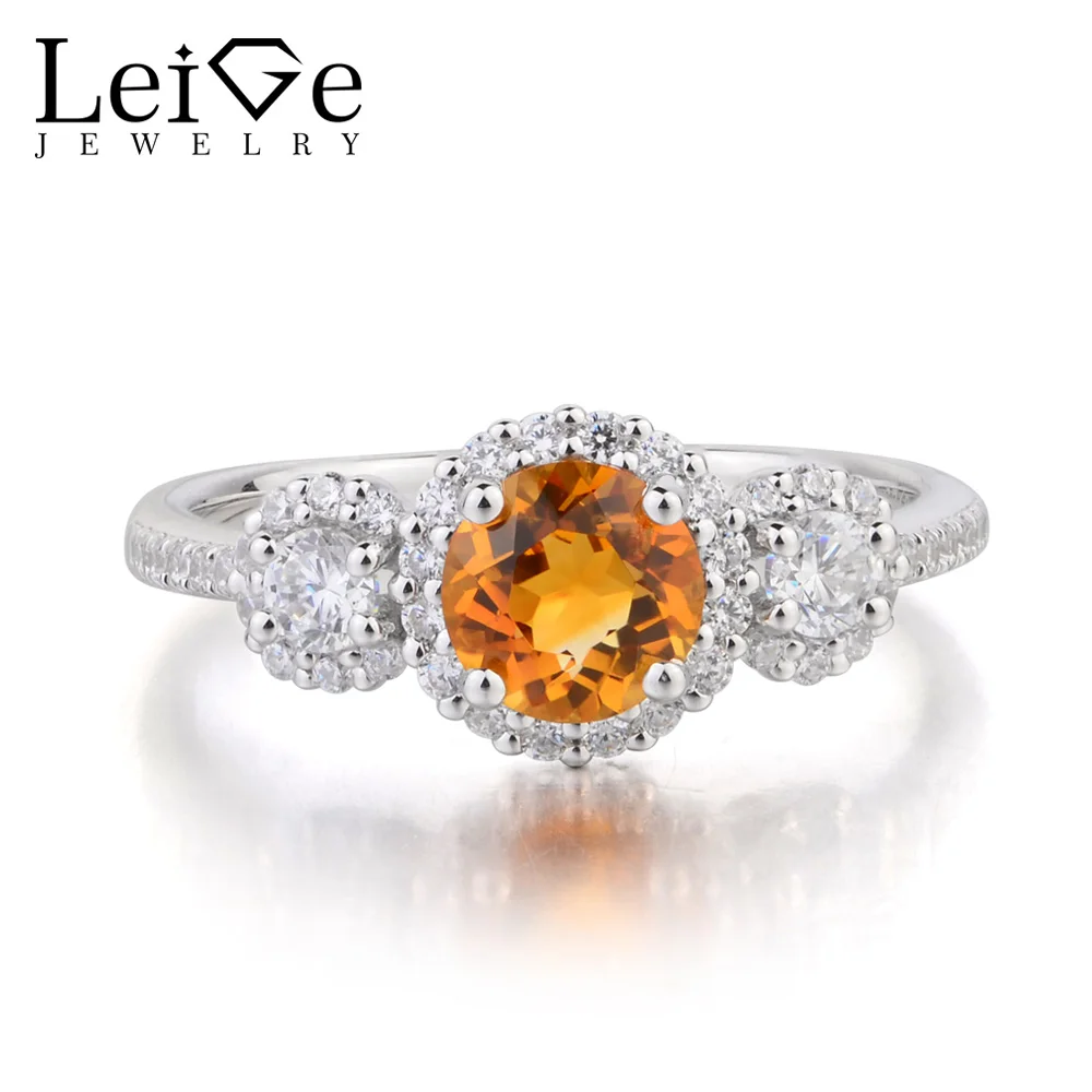 

Leige Jewelry Yellow Gemstone Wedding Ring Round Cut Natural Citrine Ring 925 Sterling Silver Ring November Birthstone Gifts