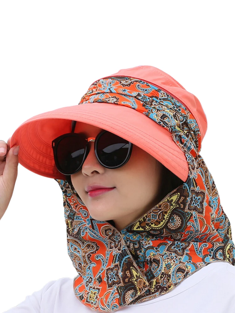 

Women Summer Outdoor Riding Anti-UV Sun Hat Beach Foldable Sunscreen Floral Print Caps Neck Face Wide Hat