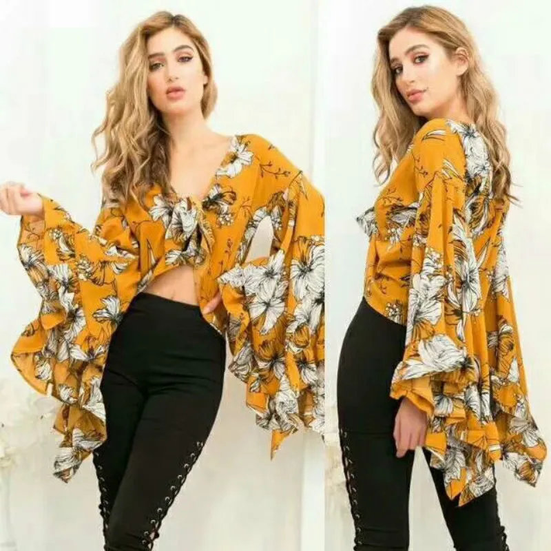 Блузка шифоновая с глубоким V образным вырезом и цветочным принтом|summer tops|blusa